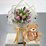 Lovely Pink Tulips Bouquet With Teddy Bear