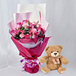 Magnificent Mixed Roses Wrapped Bouquet With Teddy