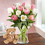 Serene 15 Mixed Tulips Arrangement Teddy Bear