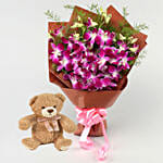 Six Exotic Purple Orchids Bouquet With Teddy