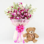 Ten Purple Orchids Bouquet With Teddy