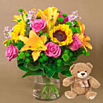 Vivid Flowers Bunch With Teddy Bear
