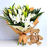 White Beauty Lilies Bouquet With Teddy Bear