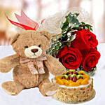 3 Red Roses With Fruit Cake