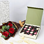 Chocolate Hearts Box with Red Roses Bouquet