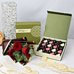 Chocolate Hearts Box with Red Roses Bouquet