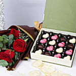 Chocolate Hearts Box with Red Roses Bouquet
