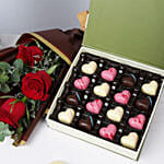 Chocolate Hearts Box with Red Roses Bouquet