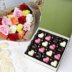 Chocolate Hearts Box with Roses Bouquet