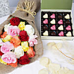 Chocolate Hearts Box with Roses Bouquet