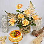 Peach Roses and Fruit Cake Combo
