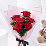 6 Valentines Red Rose Bouquet with Teddy