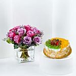 Royal Purple Roses Vase & Half Kg Fruit Cake