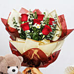 Designer Red Roses Bunch With Teddy Bear