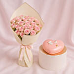 Pink Spray Roses and Heart Shape Cake Bundle