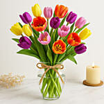 20 Mixed Tulips In Glass Vase