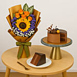Sunflower Flower Bouquet and Chocolate Cake