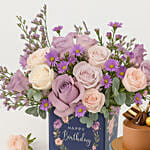 Birthday Roses Arrangement and Chocolate Cake
