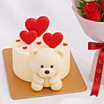 Adorable Teddy Bear Red Velvet Cake and Flowers
