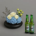 Fathers Day Hydrangea and Roses Vase and Beer Arrangements