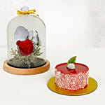 Red Forever Rose In Glass Dome With Mini Mousse Cake