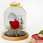 Red Forever Rose In Glass Dome With Mini Mousse Cake