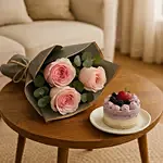 Pink Roses Bouquet and Blueberry Mono Cake Bundle