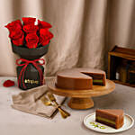 Red Roses Hand Bouquet and Dubai Chocolate Cake