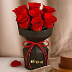 Red Roses Hand Bouquet and Dubai Chocolate Cake