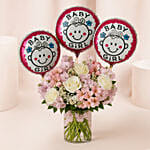 Pink N White Floral Bunch With Balloons