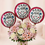 Pink N White Floral Bunch With Balloons