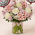 Pink N White Floral Bunch With Balloons