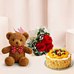 3 Red Roses With Fruit Cake
