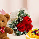 3 Red Roses With Fruit Cake