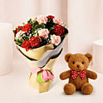 Appealing Mixed Carnations Bouquet With Teddy Bear