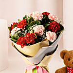 Appealing Mixed Carnations Bouquet With Teddy Bear