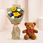 Appealing Mixed Flowers Bouquet With Teddy Bear