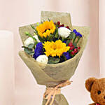 Appealing Mixed Flowers Bouquet With Teddy Bear