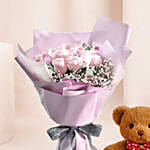 Beautiful Pink Roses Bouquet With Teddy Bear