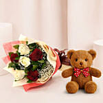 Beauty Of Red N White Roses With Teddy Bear