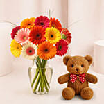 Blooming 12 Mixed Gerberas Vase Teddy Bear