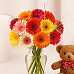 Blooming 12 Mixed Gerberas Vase Teddy Bear