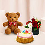 Box of Roses With Teddy and Cake