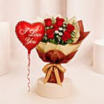 Designer Red Roses Bouquet With I Love You Balloon