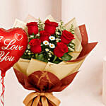 Designer Red Roses Bouquet With I Love You Balloon