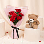 6 Valentines Red Rose Bouquet with Teddy