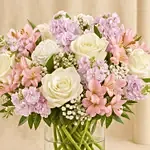 Pink With White Floral Bunch In Glass Vase