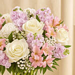 Pink With White Floral Bunch In Glass Vase