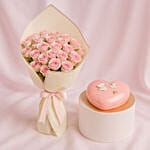 Romantic Pink Roses & Chocolate Heart Cake Combo