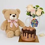 Birthday Floral Mug Arrangement with Teddy N Chocolate Cake